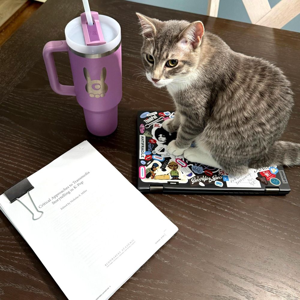 Lucy (a gray kitten) sits on my laptop, looking grumpy while I try to work through page proofs for a forthcoming edited volume.