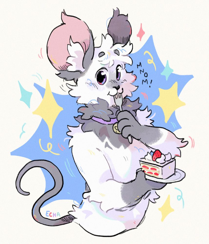 Artwork of an anthropomorphic grey & white mouse with fluffy fur & fluffy ears. The mouse eating cake, they have a fork in their mouth & is holding a slice of strawberry cake, with the text "MNOM!" floating beside them. The background is a splash of blues & yellow with some confetti style swirls.