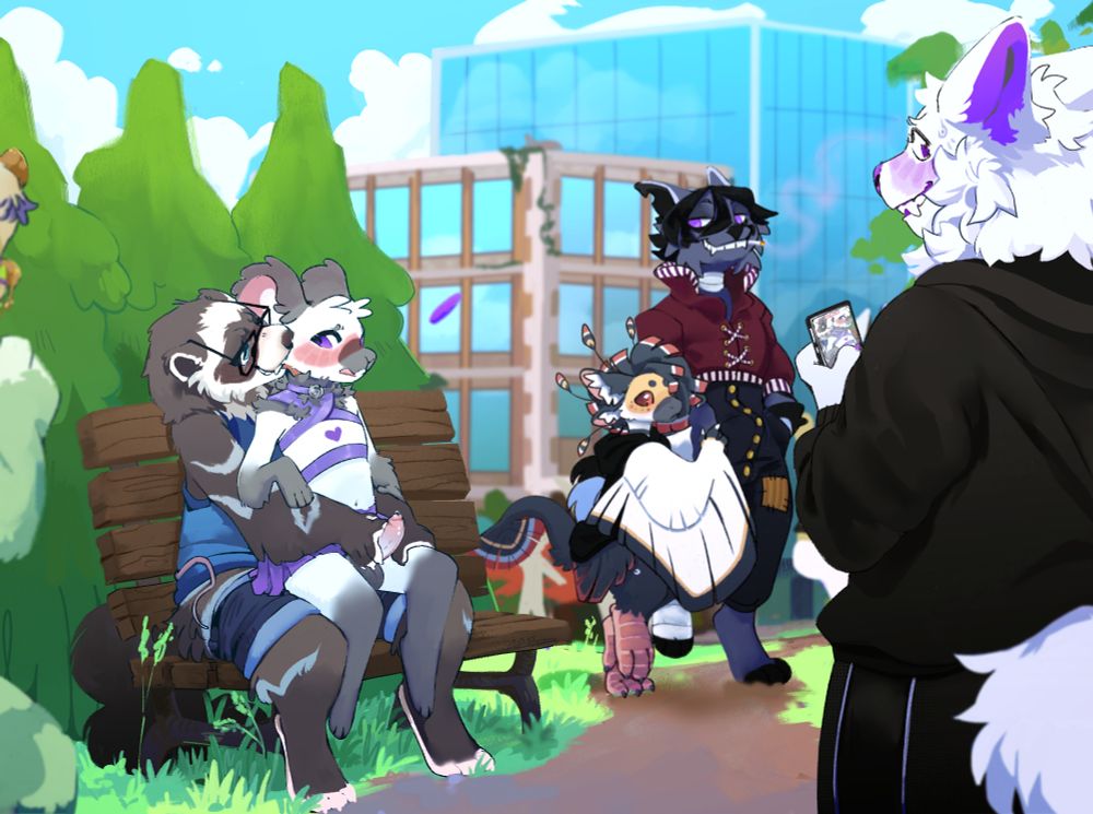 NSFW commissioned art of multiple anthropomorphic characters in a public scene. On a park bench, a ferret (wearing a shirt & shorts) is holding, licking, & stroking a mouse (wearing a skirt & crop top). They are being watched & recorded by the other people at the park.