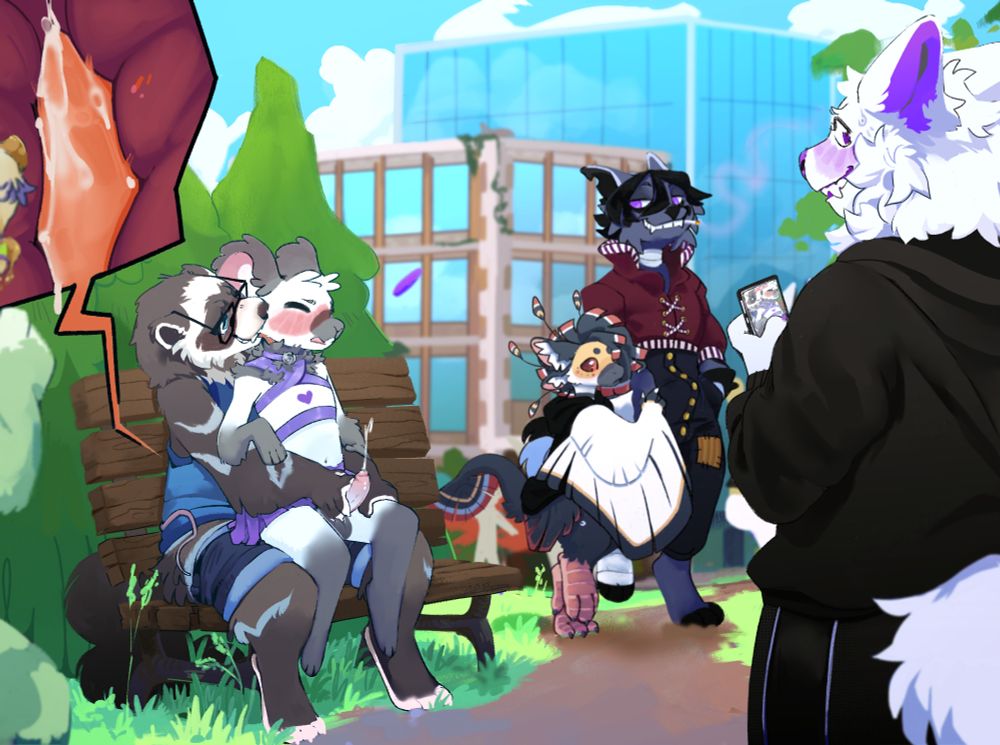 NSFW commissioned art of multiple anthropomorphic characters in a public scene. On a park bench, a ferret (wearing a shirt & shorts) is holding, licking, & stroking a mouse (wearing a skirt & crop top). They are being watched & recorded by the other people at the park as the mouse closes their eyes & orgasms, an internal shot showing the ferret is also cumming inside the mouse.