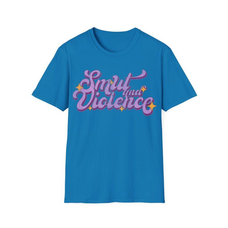 A blue tshirt with the slogan Smut and Violence