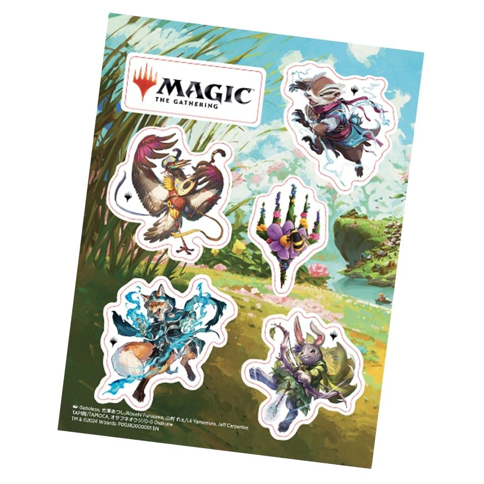 A Bloomburrow sticker sheet with various characters on it that was a promo for LGS to pair with a starter pack