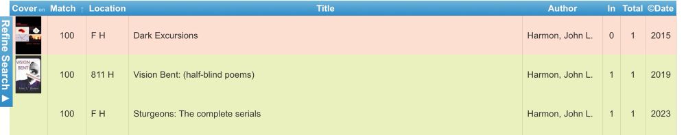 Screenshot of the library website shows three books by John L Harmon. Dark Excursions the complete set is checked out  
