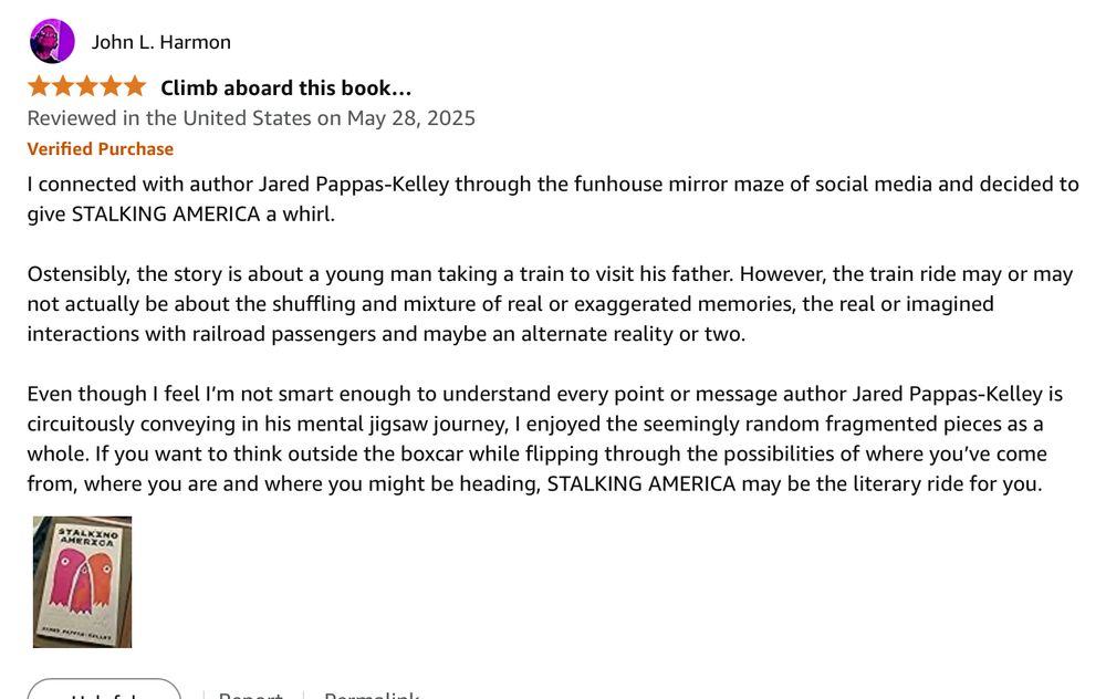 Climb aboard this book…

I connected with author Jared Pappas-Kelley through the funhouse mirror maze of social media and decided to give STALKING AMERICA a whirl. 

Ostensibly, the story is about a young man taking a train to visit his father.  However, the train ride may or may not actually be about the shuffling and mixture of real or exaggerated memories, the real or imagined interactions with railroad passengers and maybe an alternate reality or two. 

Even though I feel I’m not smart enough to understand every point or message author Jared Pappas-Kelley is circuitously conveying in his mental jigsaw journey, I enjoyed the seemingly random fragmented pieces as a whole.  If you want to think outside the boxcar while flipping through the possibilities of where you’ve come from, where you are and where you might be heading, STALKING AMERICA may be the literary ride for you. 