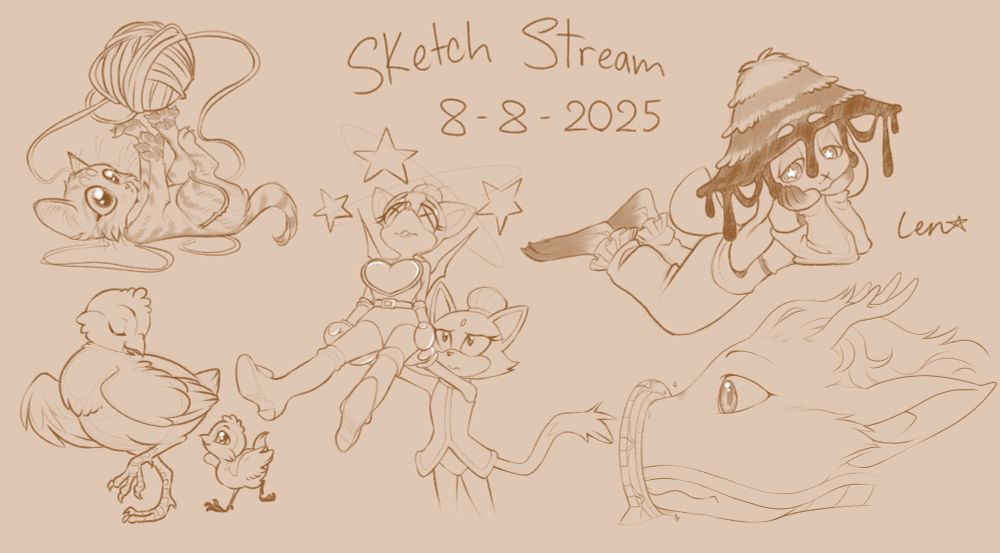 Sketch of a kitten playing with a ball of yarn, a chicken and her baby, Bomber Rouge and Blaze, yours truly, and a dragon stuck in a Stargate.