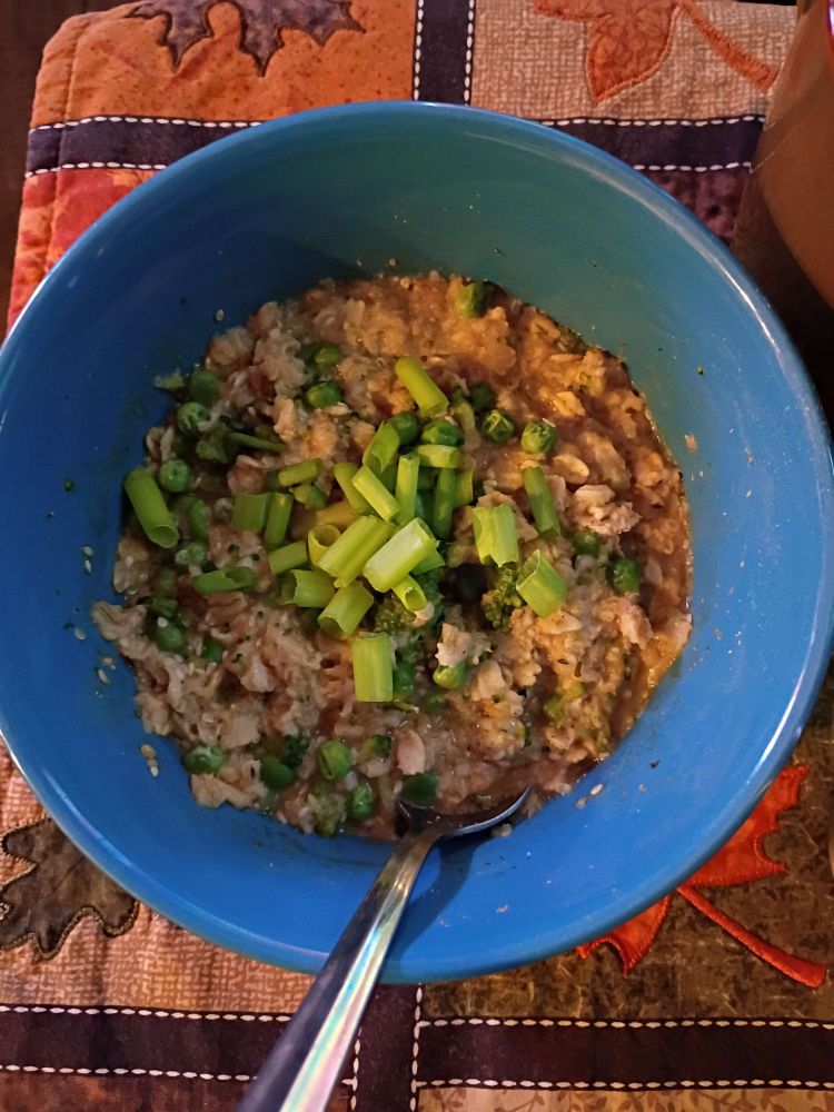 Savory oatmeal made with veggie broth, peas and broccoli, sesame seeds, spices, chili oil, soy sauce, sesame sauce, and green onion.