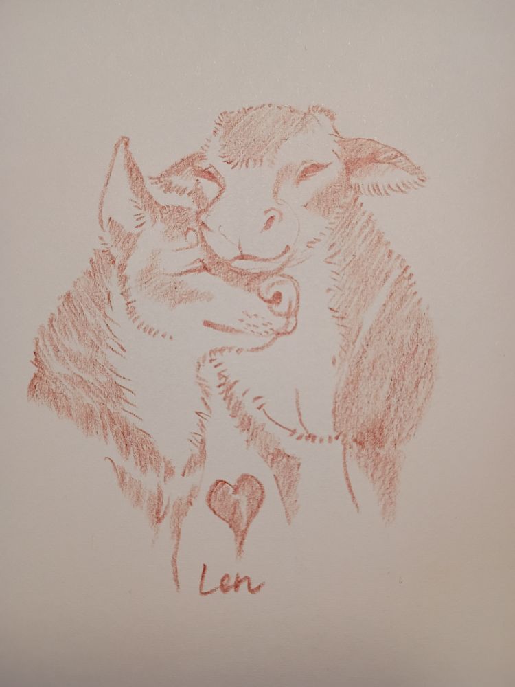 A monochrome sketch of a dog and calf nuzzling.