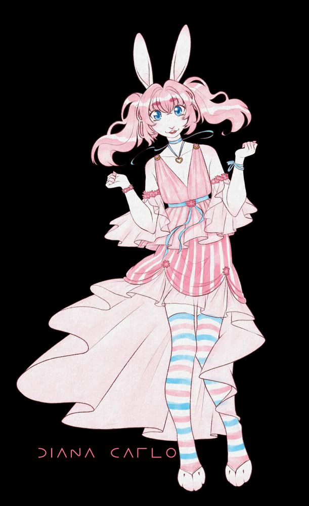 Digital art colored in a watercolor style of a pastel pink anthropomorphic rabbit in a flowy, frilly dress.