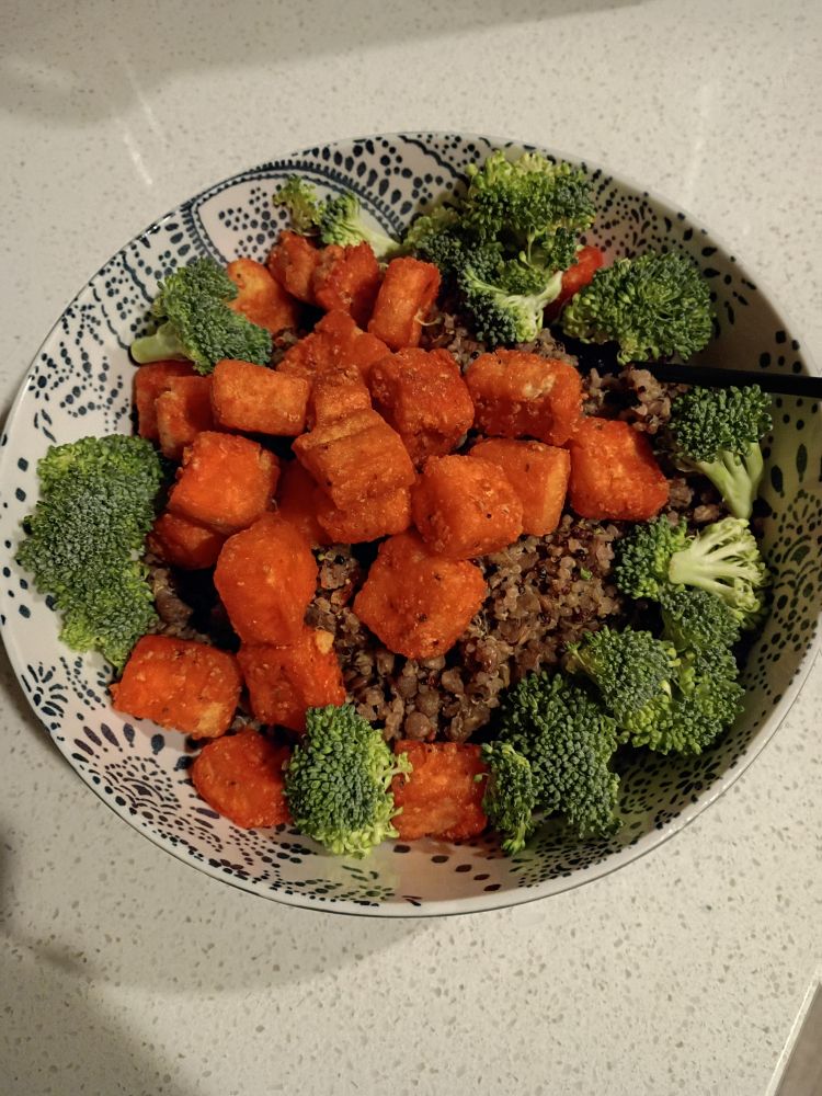 Quinoa and lentils, wok fried tofu, and broccoli.