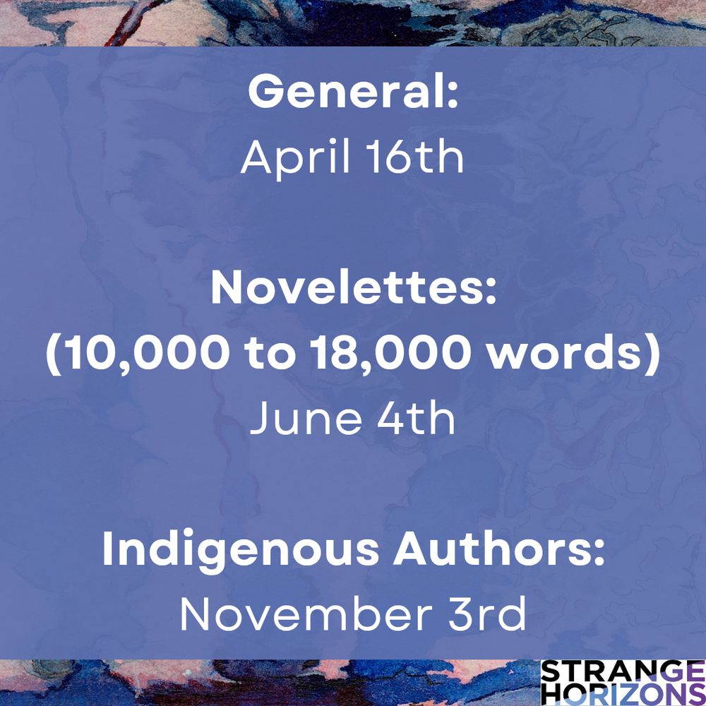 General
April 16th 

Novelettes 
(10,000 to 18,000 words)
June 4th 

Indigenous Authors 
November 3rd