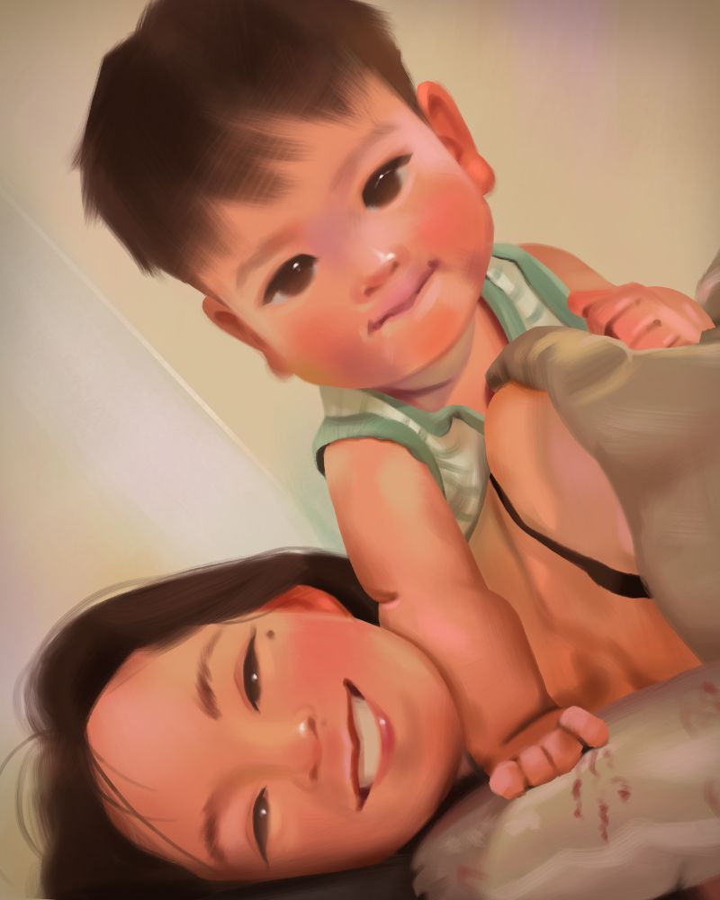 Illustration of a toddler with left arm in front of neck of mother that’s smiling into the camera