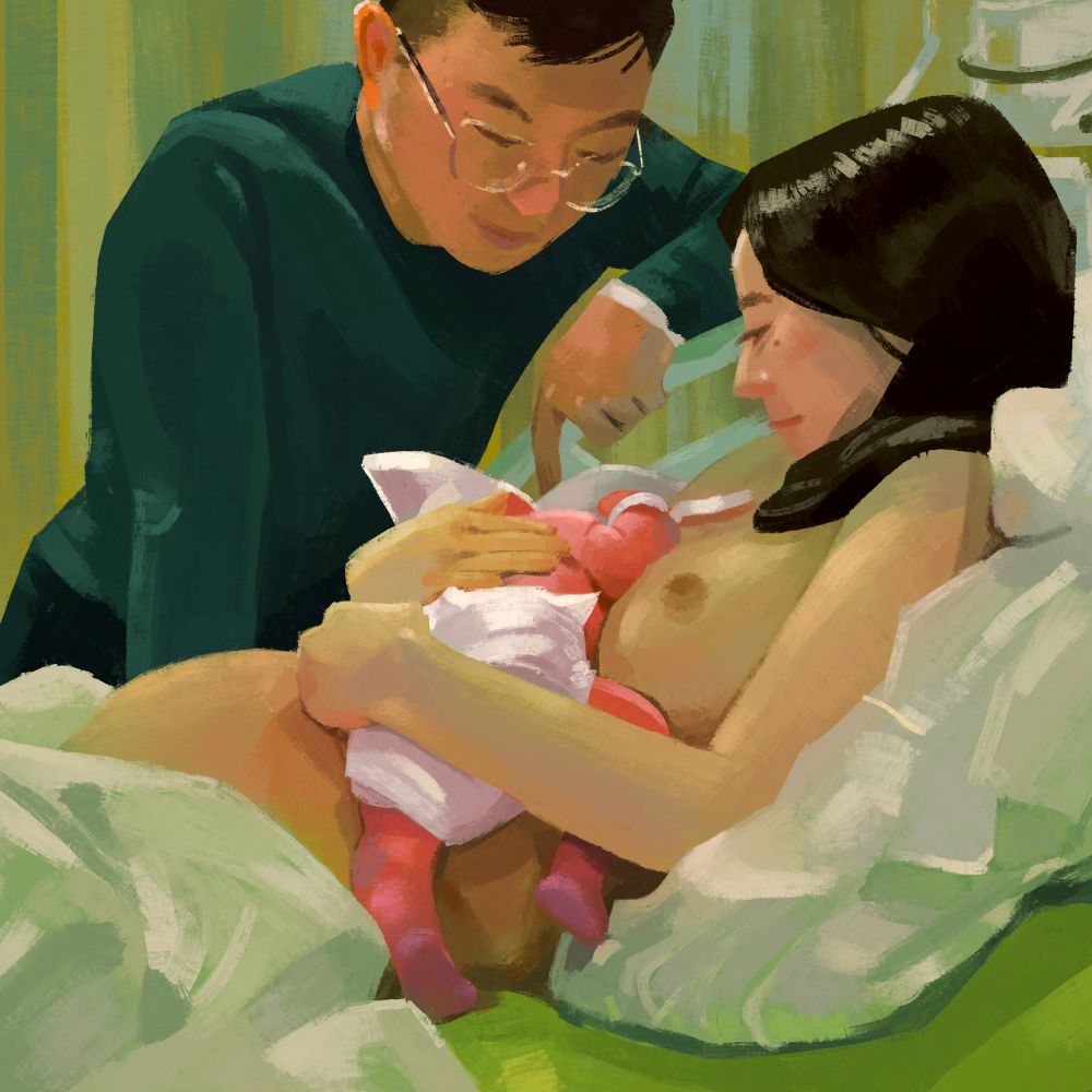 Painting of new parents with a newborn skin to skin with mother