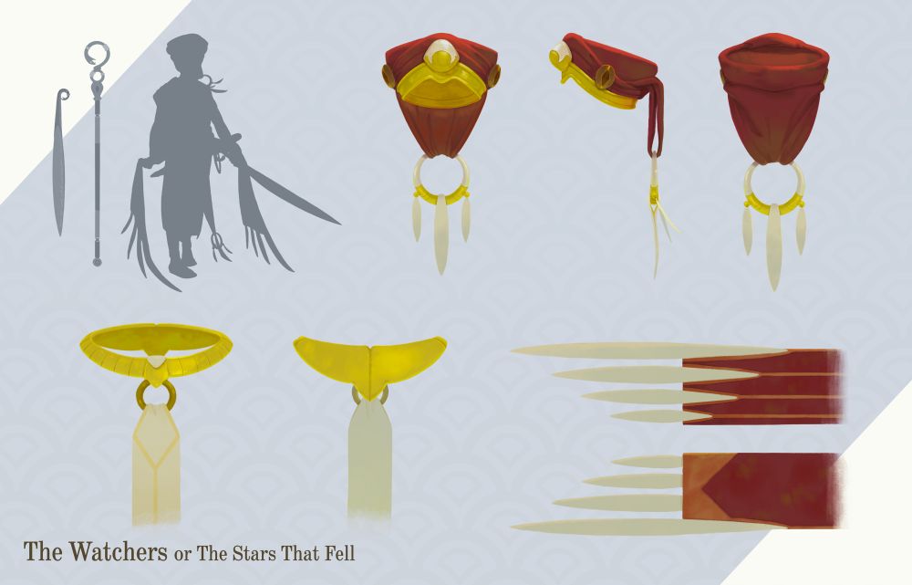 Headdress, necklace, and shawl end detailing