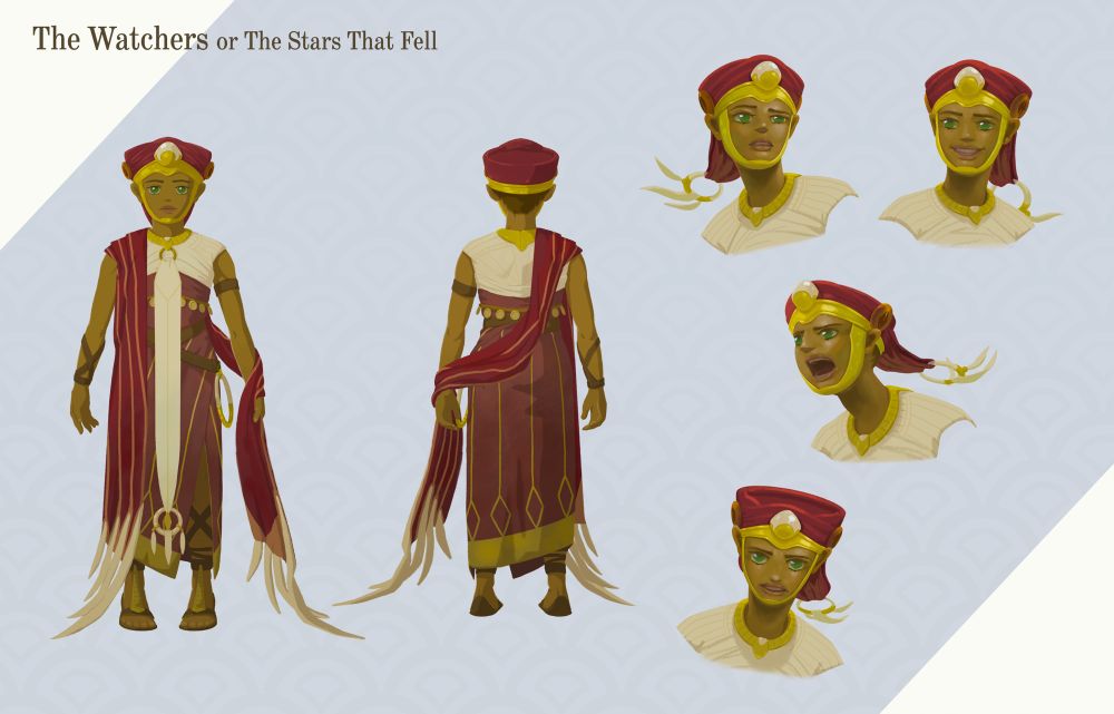 Front and back pose reference with four character expressions 