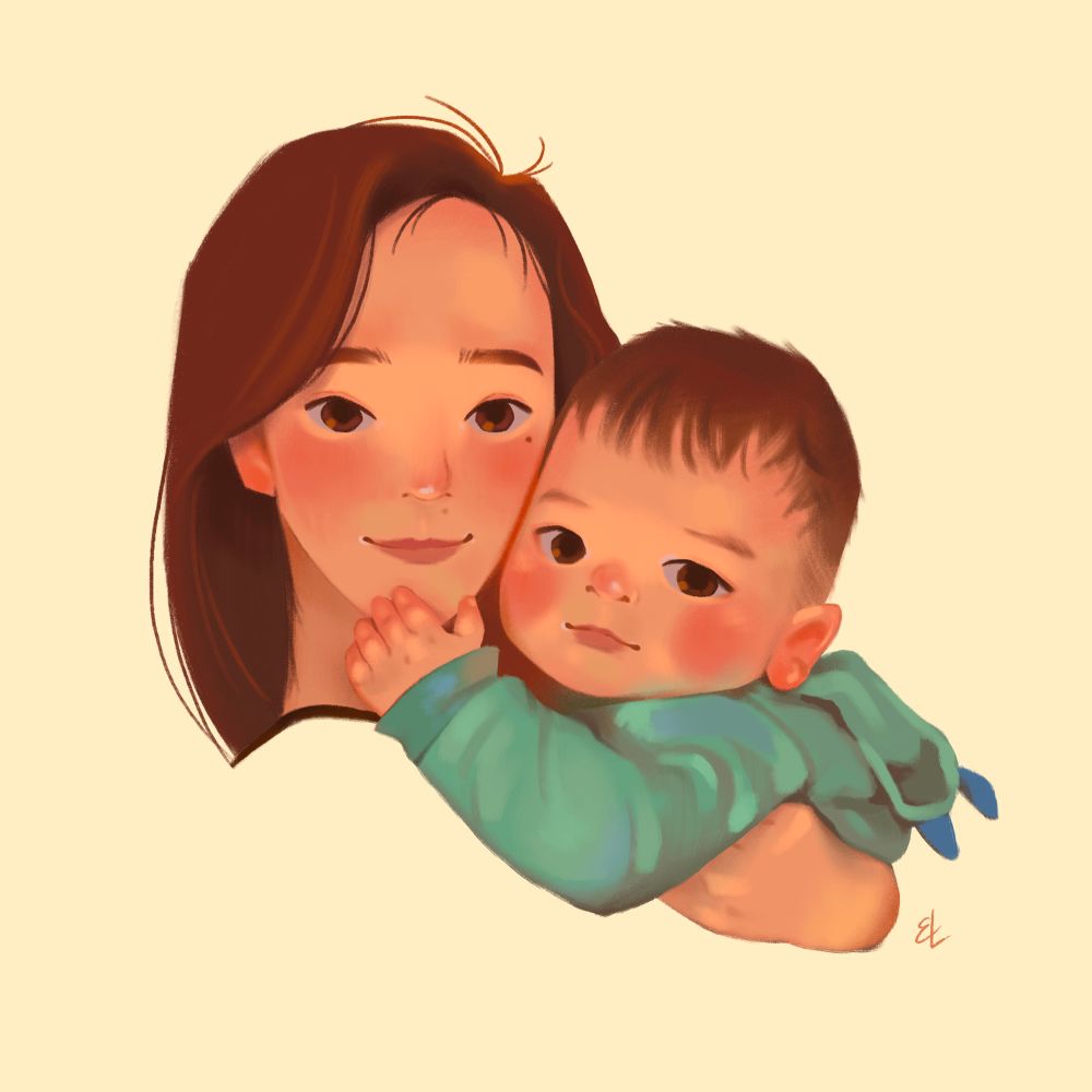 Portraiture of me and my baby, cheek to cheek with his left hand touching my chin. Both of us facing camera