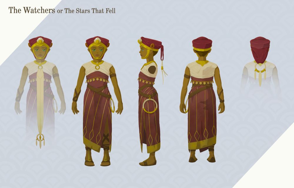 Character turnarounds with front cloth callout and back headdress callout