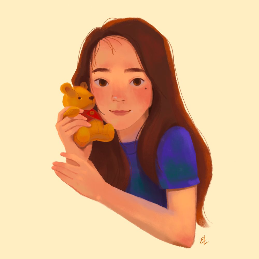 Old portraiture of me holding a Pooh bear plush to my cheek