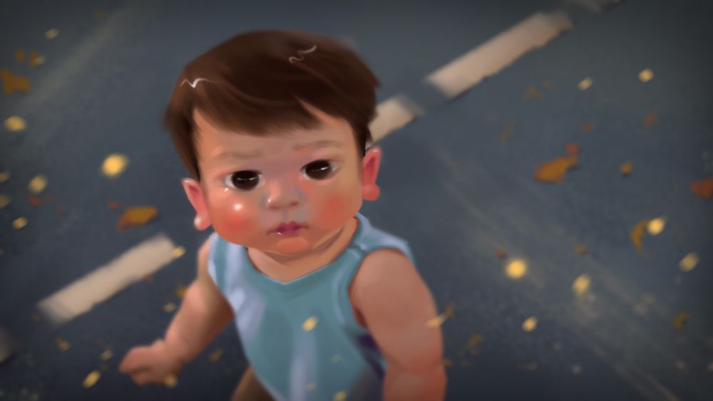 A young boy in a light blue tank looking up at the camera staring into the sky. Fireflies flit around