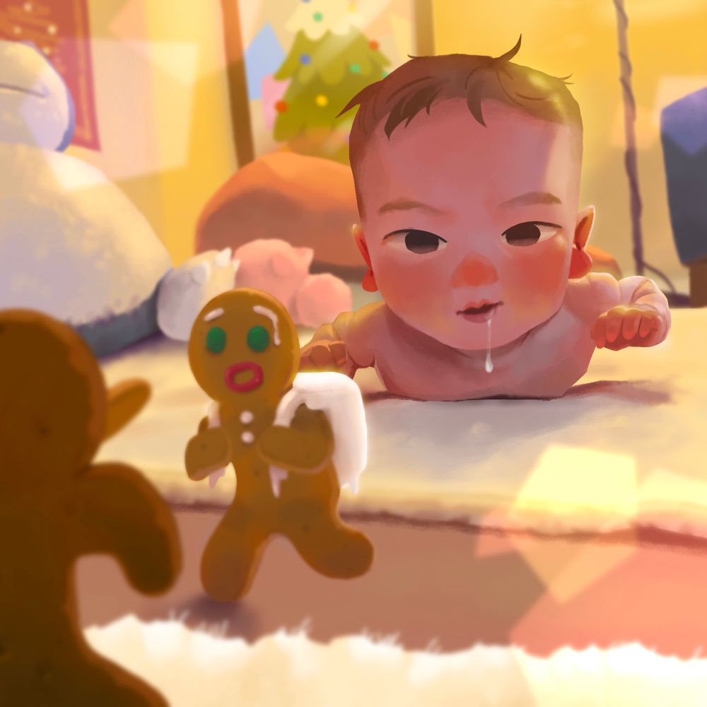 Illustration of a baby drooling on his stomach while watching two gingerbread men in the foreground