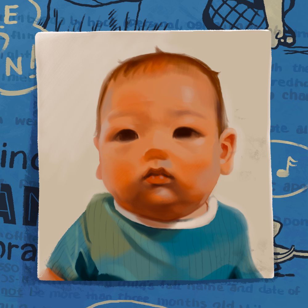 Illustration portrait of a photo of a baby in blue top over a blue background with graphics 