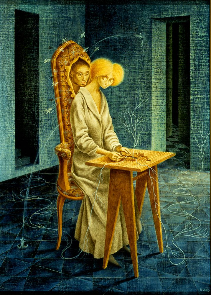 Disturbing Presence (1959) by Remedios Varo. A woman sits at a chair trying to work but is distracted by a man's head emerging from the back of the chair and poking her with his tongue. Whomst among us.
