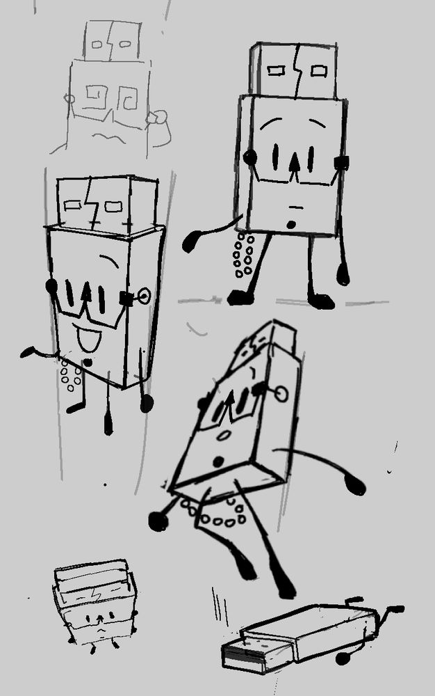 Six sketches of a USB character.