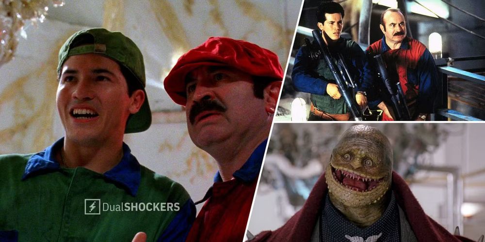 Three screengrabs from the 1993 Super Mario Brothers movie - John Leguizamo and Bob Hoskins as Luigi Mario and Mario Mario, the same holding flamethrowers at the ready, and a beady-eyed, widely smiling gooba soldier who looks nothing like a mushroom.