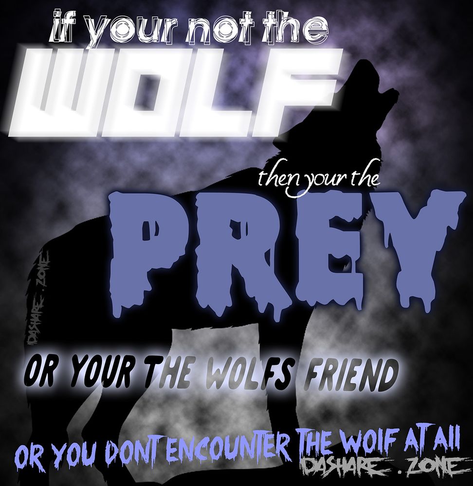 A WOLF HOWLENNNNN A ND IT SAYS "IF YOUR NOT THE WOLF YOUR THE PRAY OR YOUR THE WOLFS FREIND OR YOU DONT ENOUNTER THE WOLF AT ALL " - DASHARE.ZONE ADMIN