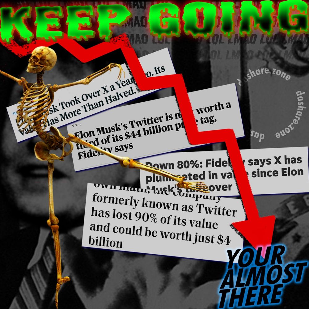 A SKLETON DANCING IN FRONT OF ARTICALS ABOUT TWITTERS PLUMMETING WORTH WHILE ELLON IS IN DA BACK GROUND LOOKIN LIKE HES ABOUT TO DO SOME THING . WHO KNOWS WHAT THAT WOULD BE AND THE TEXT SAY'S "KEEP GOING , YOUR ALMOST THERE" - DASHARE.ZONE ADMIN