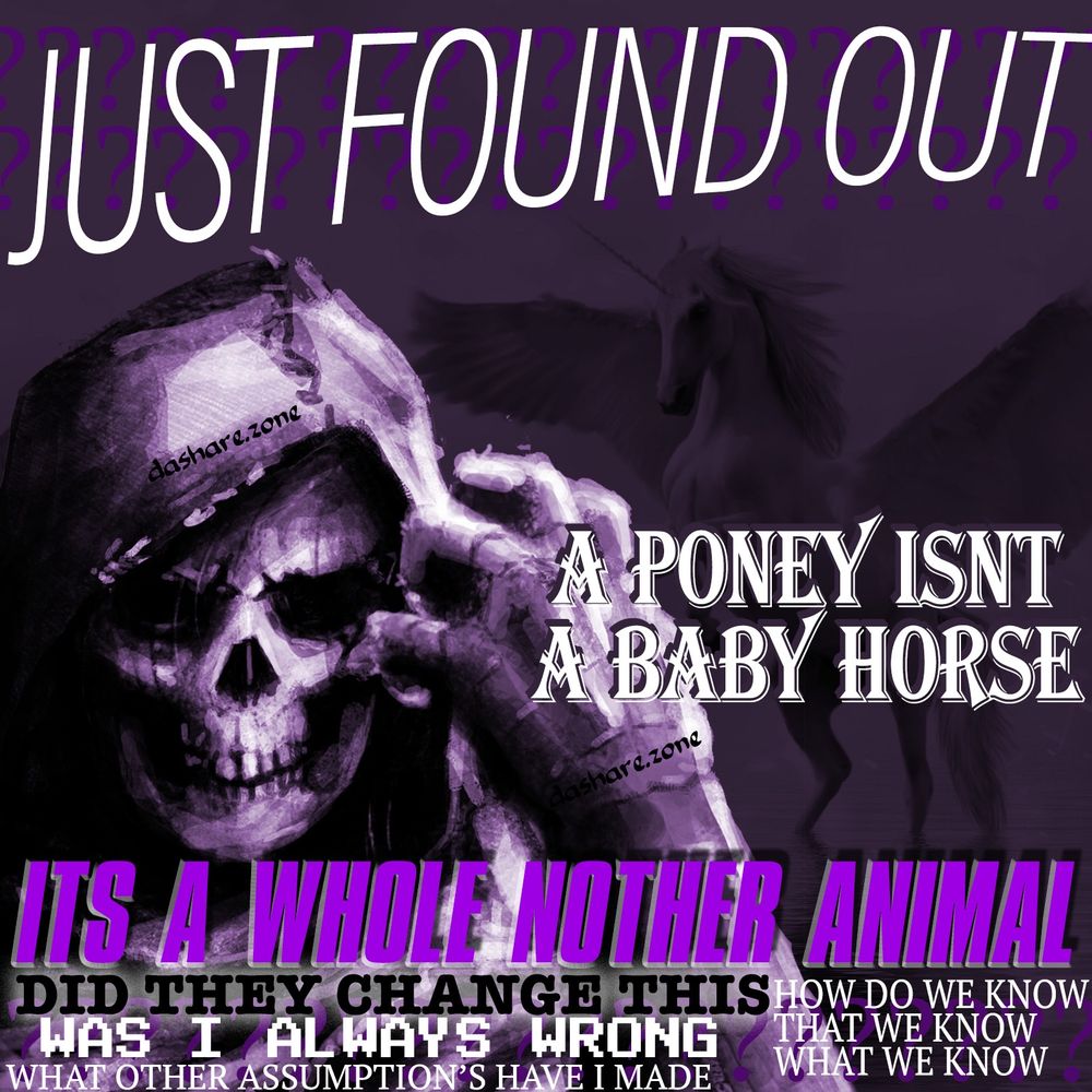 A SKELTAN KIND OF GOING NUT'S BECUASE THEY COULD SWEAR THAT A PONEY WAS JUST A BABY HORSE BUT TURNS OUT ITS A WHOLE NOTHER ANIMAL AND THERE WORLD VIEW IS FALLING APART, AND THERE SAYING "JUST FOUND OUT A PONEY ISNT A BABY HORSE, ITS A WHOLE NOTHER ANIMAL, DID THEY CHANGE THIS WAS I ALWAYS WRONG WHAT OTHER ASSUMPTIONS HAVE I MADE HOW DO WE KNOW WHAT WE KNOW' IS KNOWLEDGE FINITE OR DOES THE CONCEPT REPRESENT A CLOUD OF POSSIBILITYS? IS IT POSSIBLE TO KNOW EVERY THING OR IS A KNOWLEDGE SIMPLY DA COLLAPSE OF DA WAVE FORM OF CERTAINTY AROUND A WORLD MORE COMPLEX AND BEAUTIFUL THAN OUR SHIT MINDS CAN COMPREHEND ??? IS IT POSSIBLE TO FREE ALL NON VIOLENT PRISONERS AND REPLACE THEM WITH PEOPLE WHO USE LEAF BLOWERS? I DONT KNOW DA ANSWER SO IM GOING TO GO WITH "ASKING DA QUESTION IS MORE IMPORTANT THAN ANSWERING IT" I MEAN DA SKELTEN IN THE GRAPHIC IS SAYING THAT . YOU KNOW - DASHARE.ZONE ADMIN