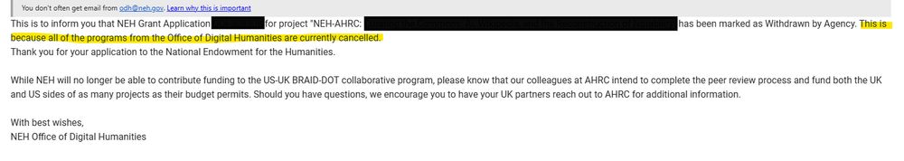Rejection email from NEH noting that all programs through the Office of Digital Humanities have been canceled.