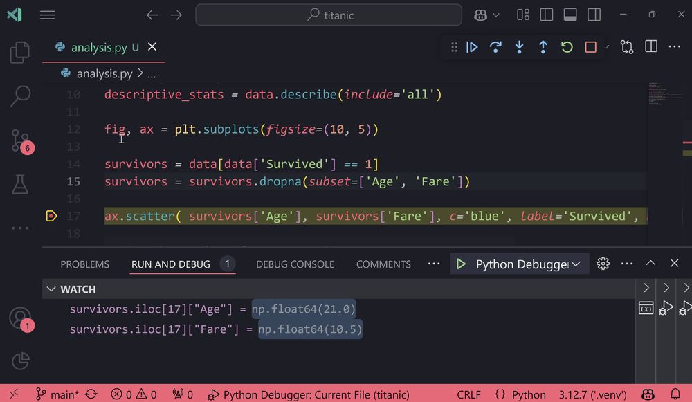 Debugger running in VS Code on Python code, stopped at a break point. Right clicking on a previously executed line, selecting "Jump to Cursor" and selecting "step over" to re-execute that line.  