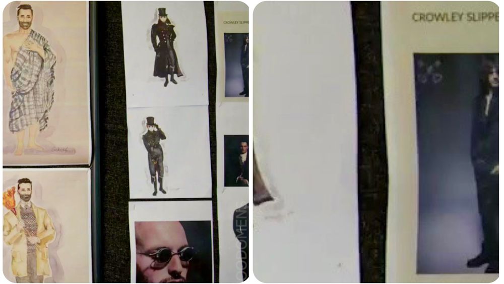 Inspiration board with costume designs for Good Omens 2 as shared in the background of the official BTS video on Jim’s costume shared by Amazon Prime. In the upper right corner, there's a bit of Crowley's moodboard visible with a photo of a male-presenting model wearing what looks like black loungewear and captioned as “CROWLEY SLIPPE—“.