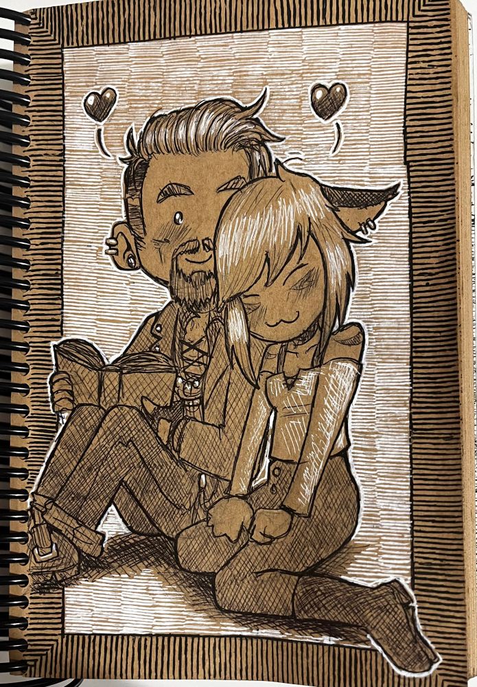 Sketch of Vittorio reading a book with Lulla giving him head rubs like a cat! 🙏