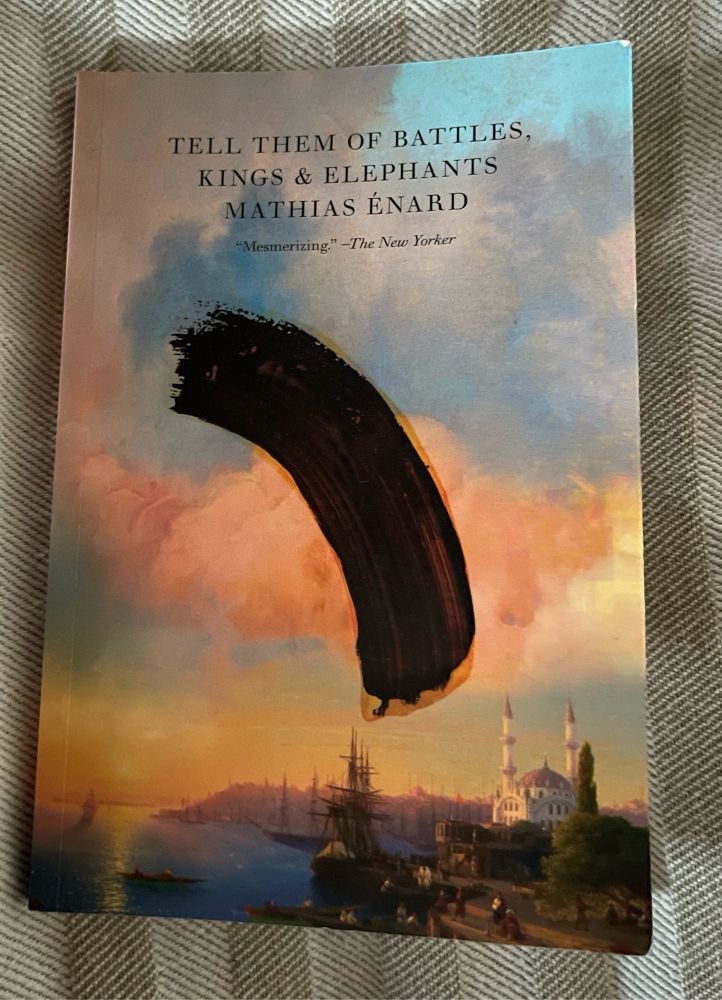 Book cover for Tell Them of Battles, Kings, and Elephants by Mathias Énard. Image is of a large pink cloud in a blue sky over the city of Florence in 16th c. A large curved black paint stroke covers the middle of the cloud. 