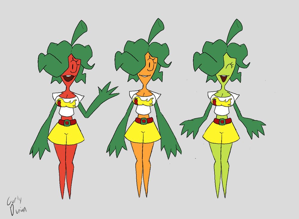 A lineup of three original character concepts. They are identical triplets designed after hot peppers with matching uniforms and thin bodies. From left to right is a red girl named Ana, an orange girl named Bonnie, and a green girl named Serra. 