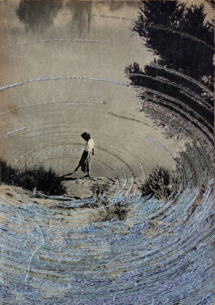 A black and white photograph of a woman dipping her foot in water. The circles in the water are partially embroidered with blue thread.