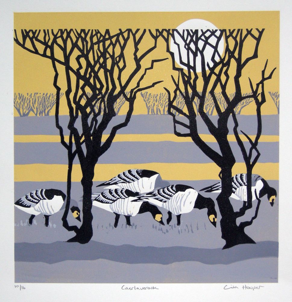 a linocut image of foraging geese in a winter landscape with bare trees and a low sun