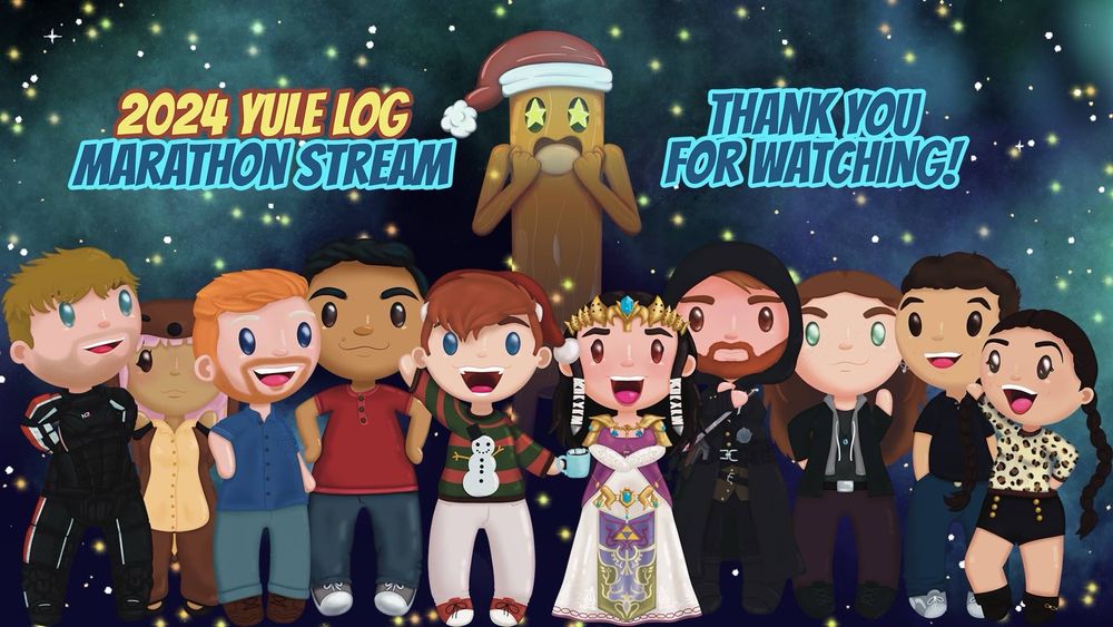 a group photo of the members of the yule log marathon stream. There is also text that says, “2024 YULE LOG MARATHON STREAM THANK YOU FOR WATCHING!”