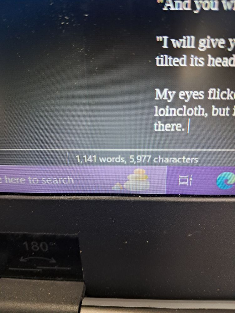 A perhaps slightly blurry picture of the lower left corner of a laptop screen. Centered is "1,141 words, 5,977 characters". One can also see sentence fragments, such as "And you" "I will give" "tilted it's head" "My eyes flick" "loincloth, but" and "there." What is this mystery story about, oh no?