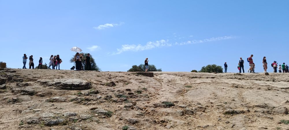 A landscape with people walking and interacting, dry land with some shrubs in a southern atmosphere with beautiful blue sky, sparse clouds. People all walk in the same direction towards the right side of the image.  Could be a tourists' site. And, it is, it's in the Valle dei Templi in Sicily- photo courtesy of R.C. 