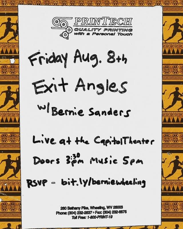 Flyer reads: Friday Aug 8th, Exit Angles w/ Bernie Sanders, Live at the Capitol Theater, Doors 3:30 pm, Music 5pm, RSVP bit.ly/berniewheeling