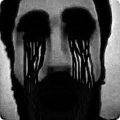 Black & White low-res image of a distraught man lacking eyes, blood streaming down his face.