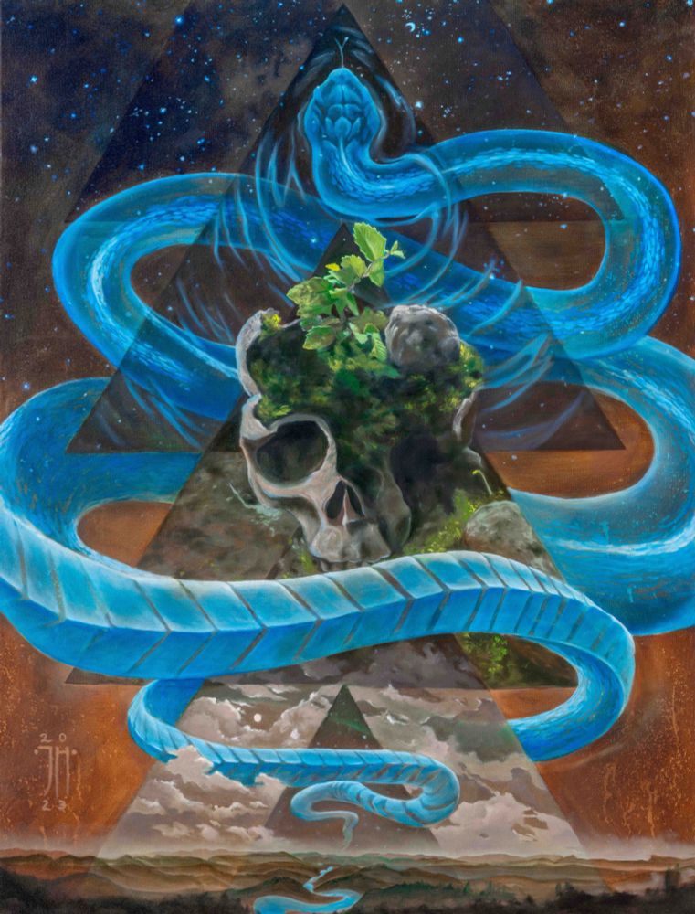 Oil painting depicting a cosmic serpent weaving through several scenes, the central of which shows a human skull with a seedling growing out of the top.