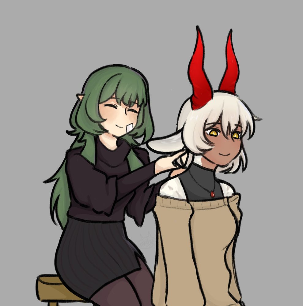 Verrona (green hair) cutting Sevvys hair, both smiling