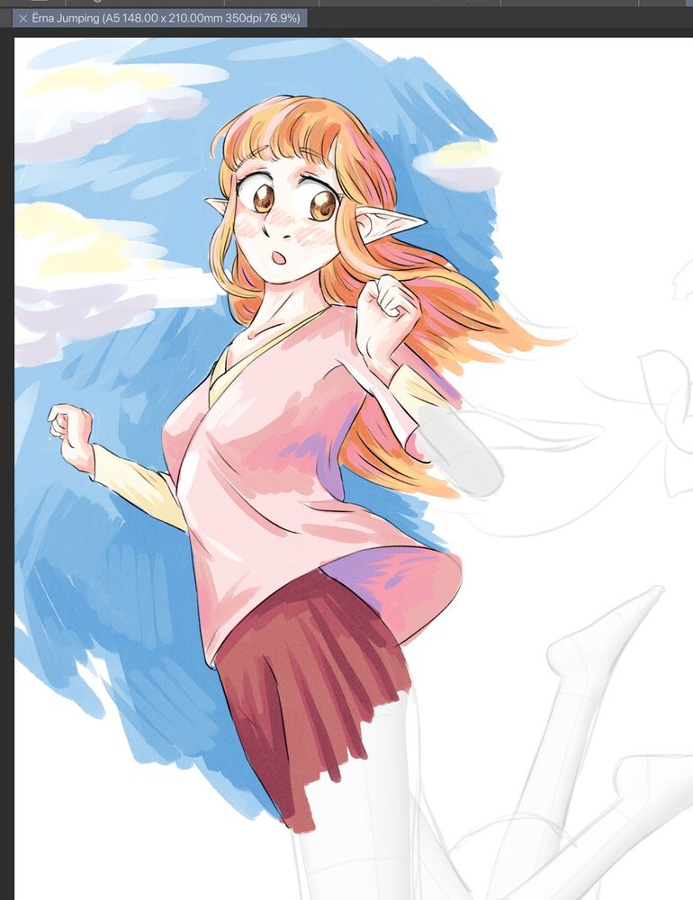 Feolnir’s OC, Ërna, jumps in a colorful (but unfinished) drawing.