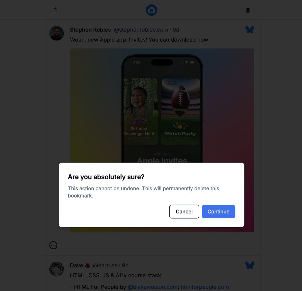 A confirmation dialog open in the Skymark Bookmark manager tool. The dialog has the text: "Are you absolutely sure? This action cannot be undone. This will permanently delete this bookmark.". There are two options "Cancel" & "Continue".