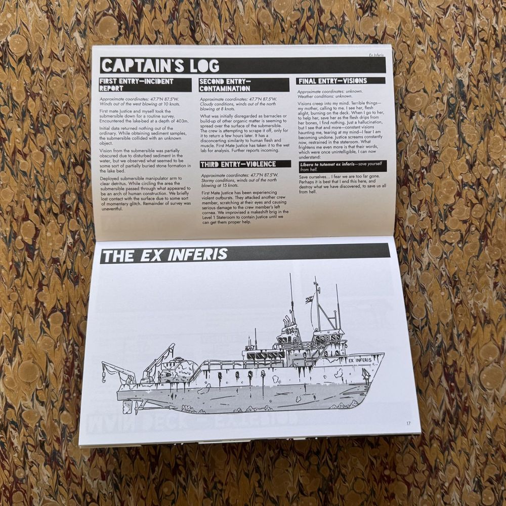 An interior example of Ex Inferis. The game is read horizontally. The top page is labeled "Captain's Log" and details the four entries you find when you board the ship. The bottom page is an illustration of the Ex Inferis (the vessel) from stem to stern