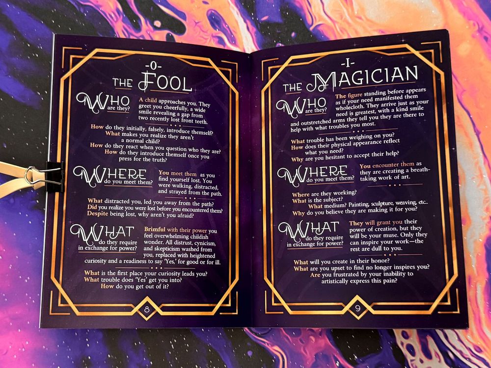 An interior example from O Patron Mine. Deep purple background with gold framed pages and white text. The lefthand page is the information for card 0, The Fool. Who they are, where you meet them, and what they require in exchange for power. The righthand page is the information for card 1, The Magician. Who they are, where you meet them, and what they require in exchange for power