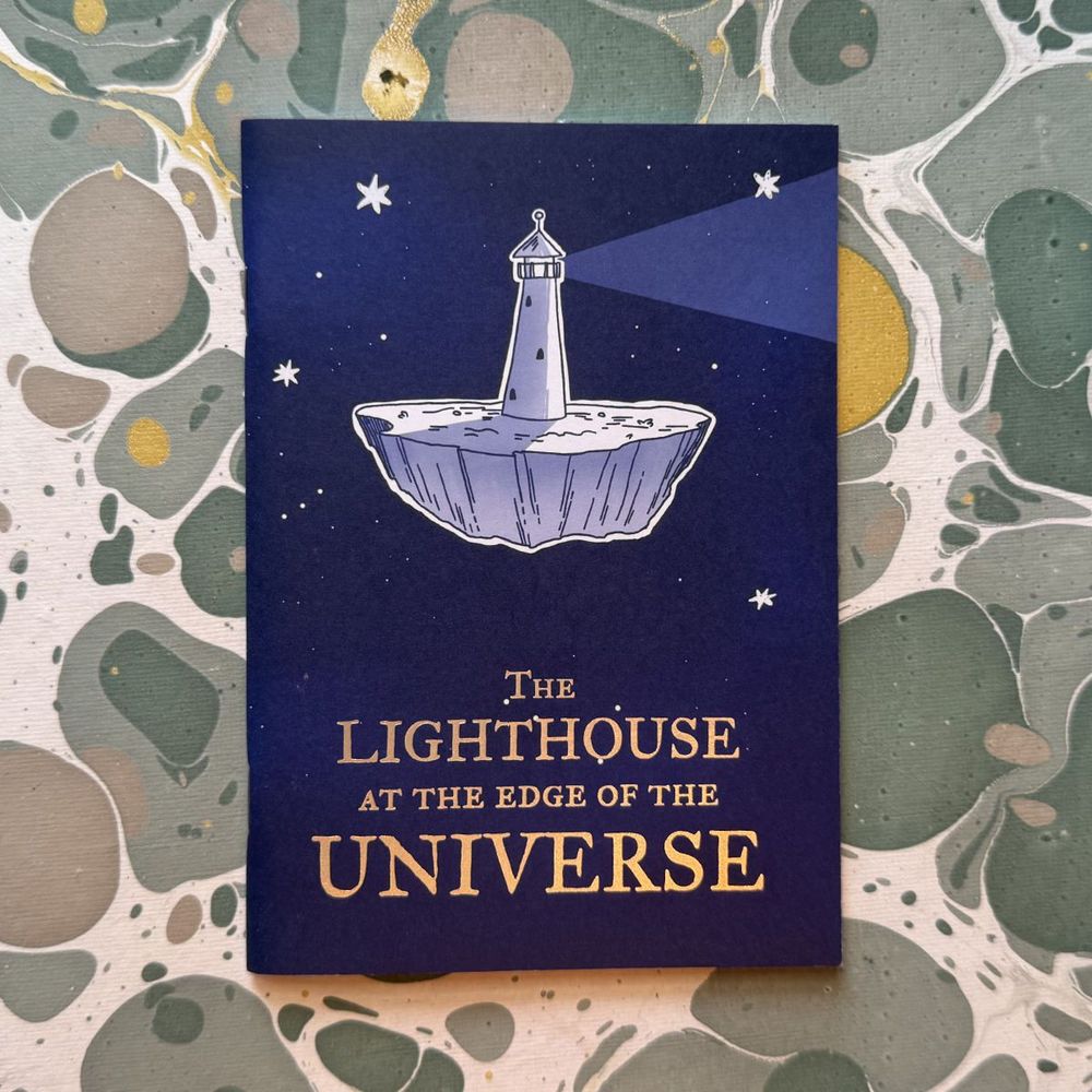 The cover of The Lighthouse at the Edge of the Universe. A dark blue starry night background featuring a single lighthouse, shining from atop a chunk of rock floating in space